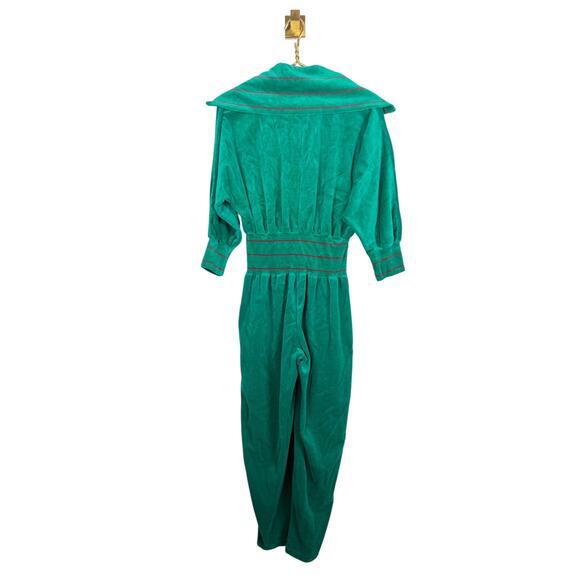 Vintage 80s Keyloun Green Velour Jumpsuit Zip-Up Collar Striped Holiday NWT P - Picture 2 of 9